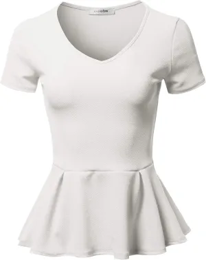 SSOULM Women's Classic Stretchy Short Sleeve Flare Peplum Blouse Top with Plus Size