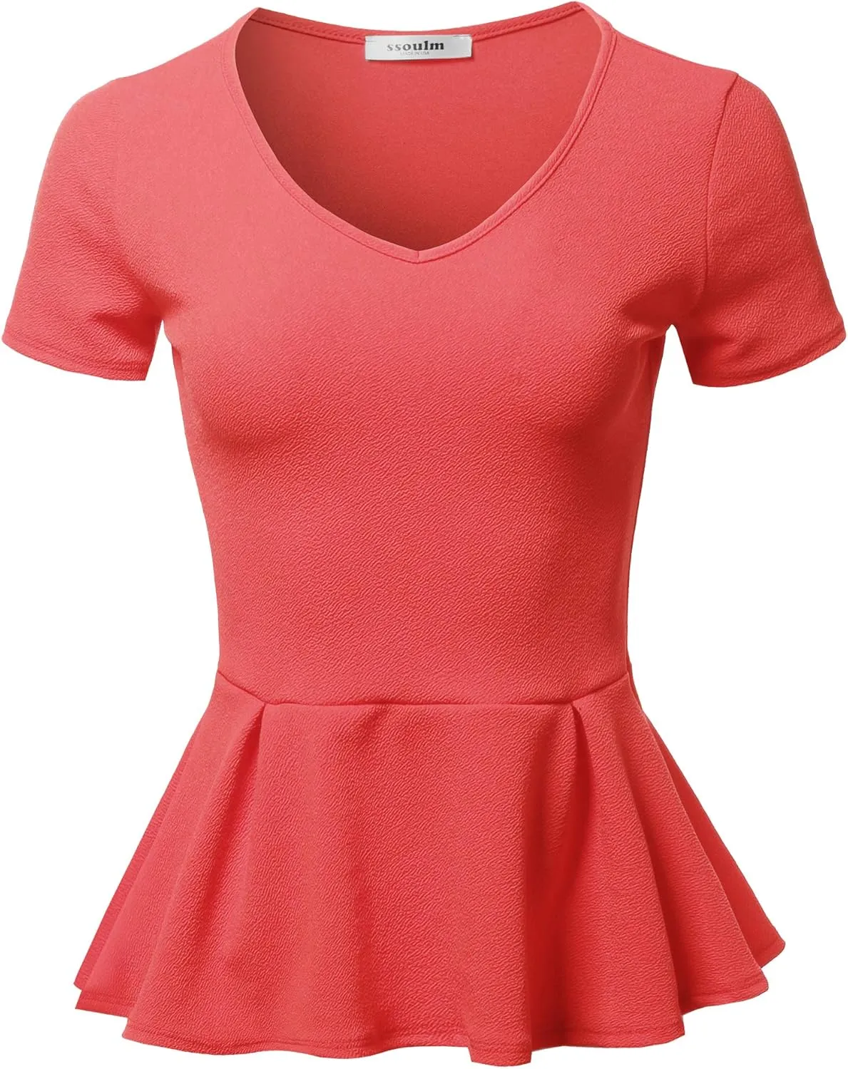 SSOULM Women's Classic Stretchy Short Sleeve Flare Peplum Blouse Top with Plus Size