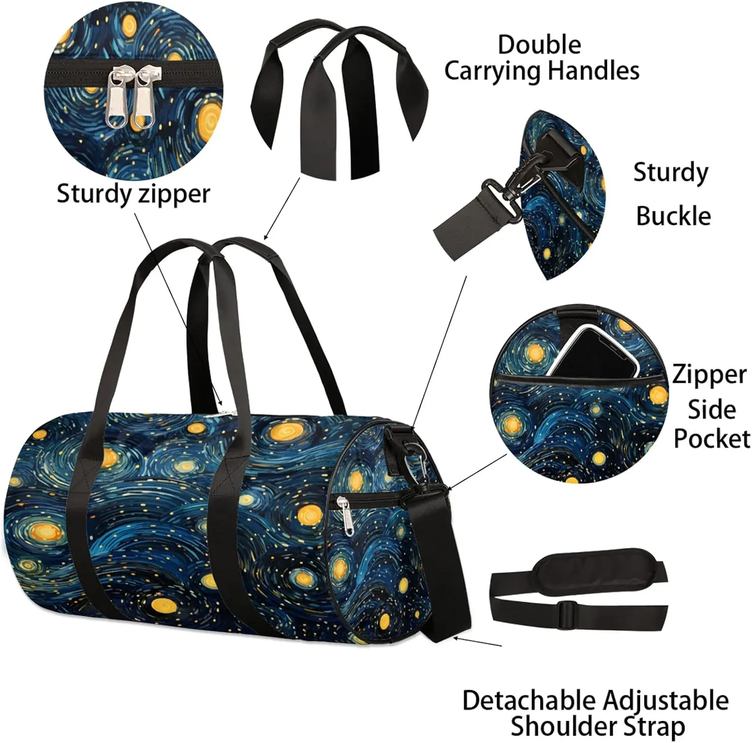 Starry Night Sky Van Gogh Sports Gym Bag for Men Women Lightweight Travel Duffle Bag with Shoulder Strap Waterproof Carry On Weekender Overnight Bag for Travel Sports Gym
