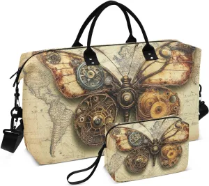 Steampunk Butterfly World Map Duffle Bag for Travel, Gym Bag with Multiple Interior Pockets for Men Women Overnight Purse Included 20.5 x 1.9 x 13.8 In