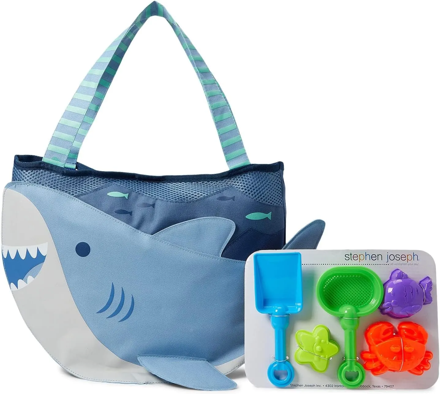 Stephen Joseph, Beach Tote with Sand Toys - Toddler and Baby Beach Toys, Travel Friendly Beach Set, 6 Piece Beach Play Set, Beach Bag with Sand Toys for Toddlers and Kids, Shark Medium