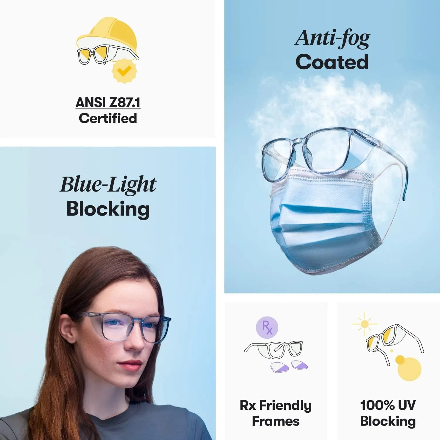 Stoggles Rectangle Z87.1 Certified Safety Glasses, Blue-Light, UV Blocking Lens, Top & Side Shield, Anti-Fog, Stylish Eyewear