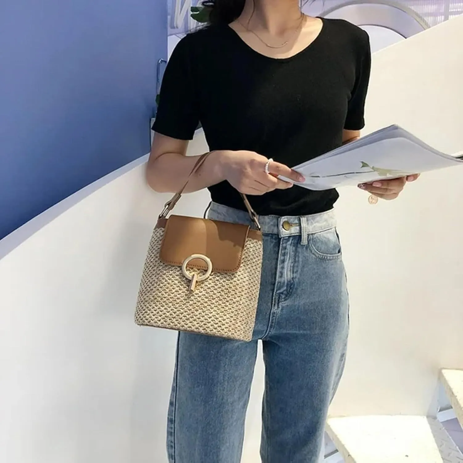 Straw Weave Women Ladies Bucket Handbags Summer Beach Shoulder Bags Canvas Denim Messenger Bag (D, One Size)