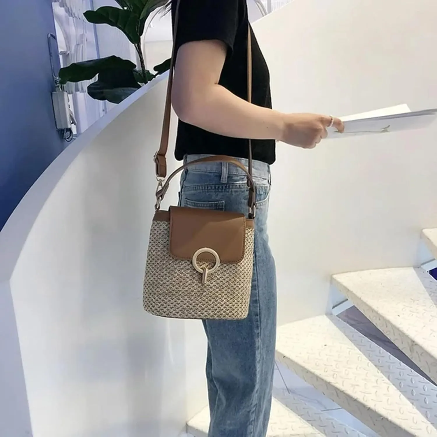Straw Weave Women Ladies Bucket Handbags Summer Beach Shoulder Bags Canvas Denim Messenger Bag (D, One Size)