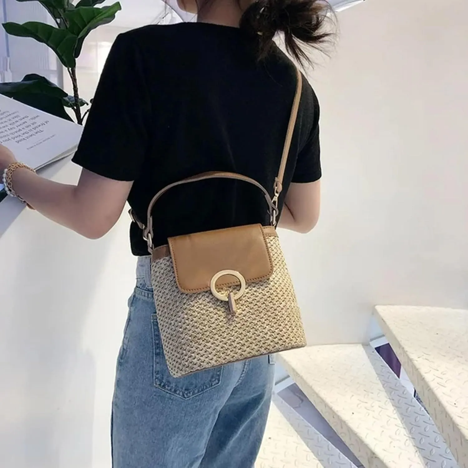 Straw Weave Women Ladies Bucket Handbags Summer Beach Shoulder Bags Canvas Denim Messenger Bag (D, One Size)