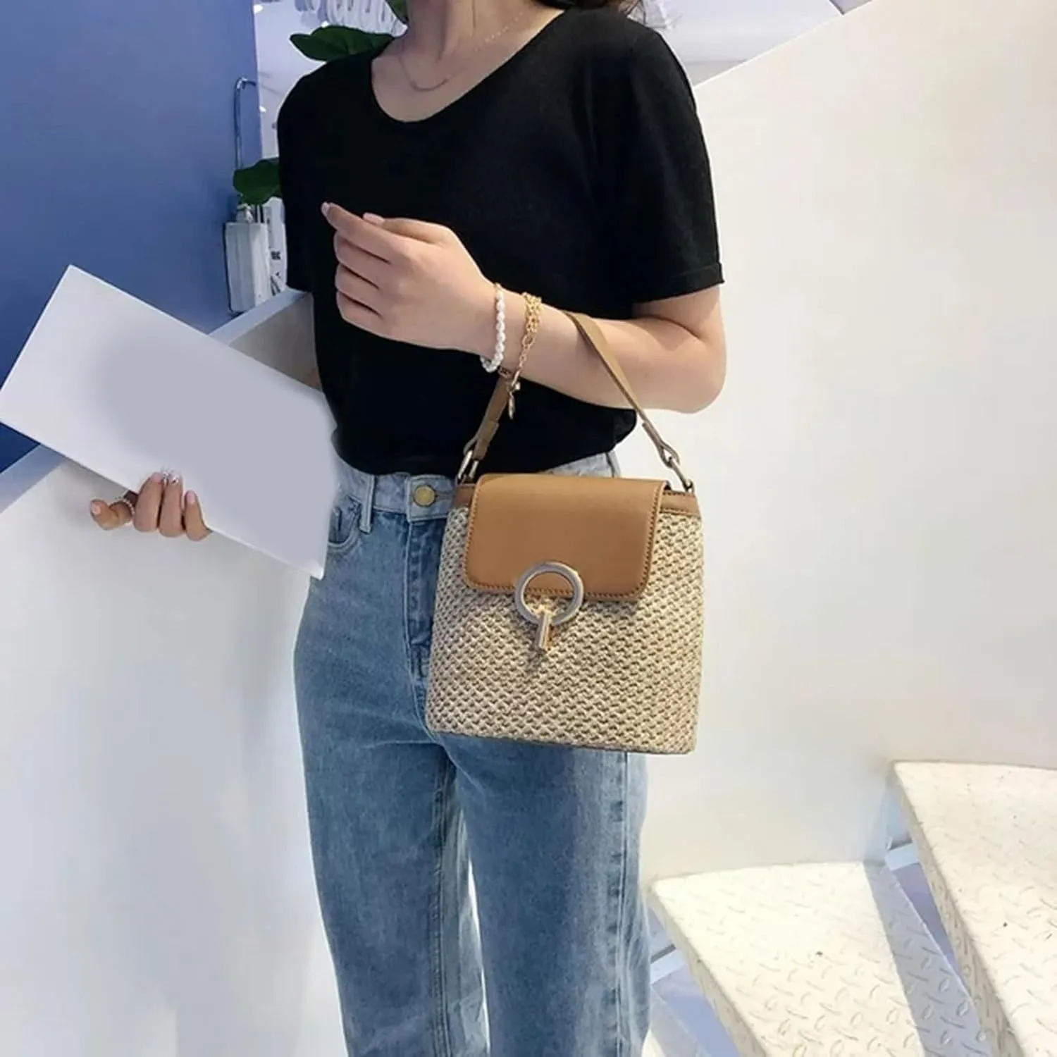 Straw Weave Women Ladies Bucket Handbags Summer Beach Shoulder Bags Canvas Denim Messenger Bag (D, One Size)