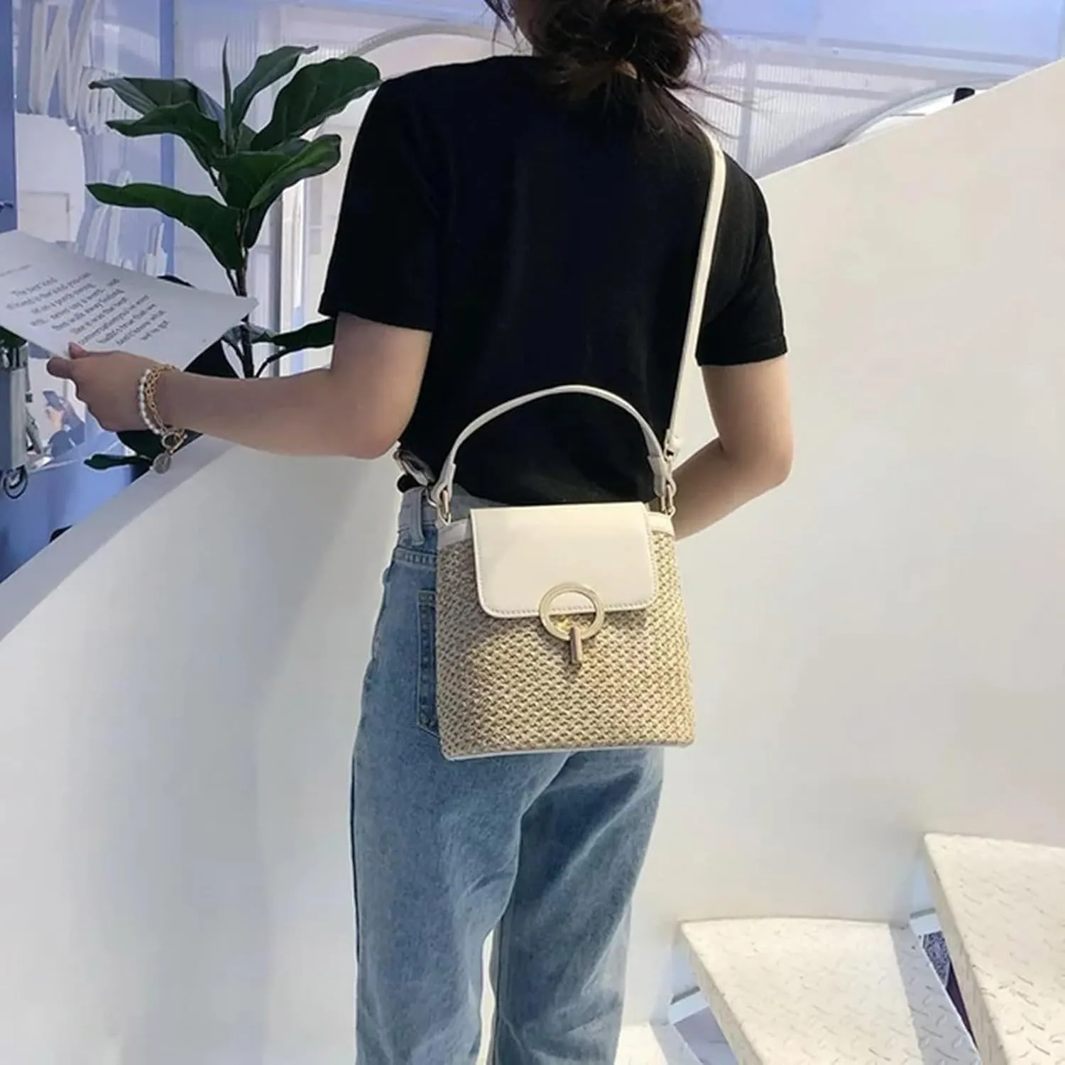Straw Weave Women Ladies Bucket Handbags Summer Beach Shoulder Bags Messenger Bag Backpack Leather (B, One Size)