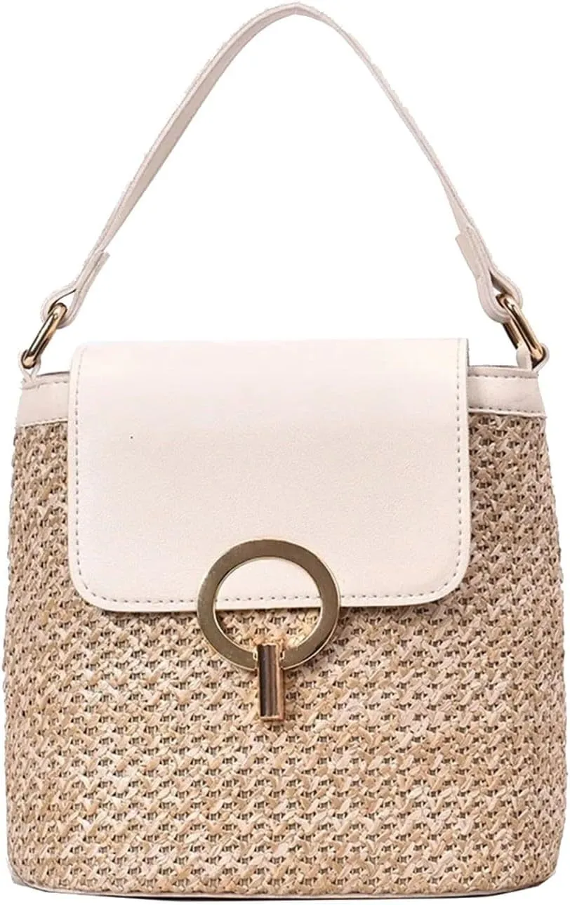 Straw Weave Women Ladies Bucket Handbags Summer Beach Shoulder Bags Messenger Bag Backpack Leather (B, One Size)