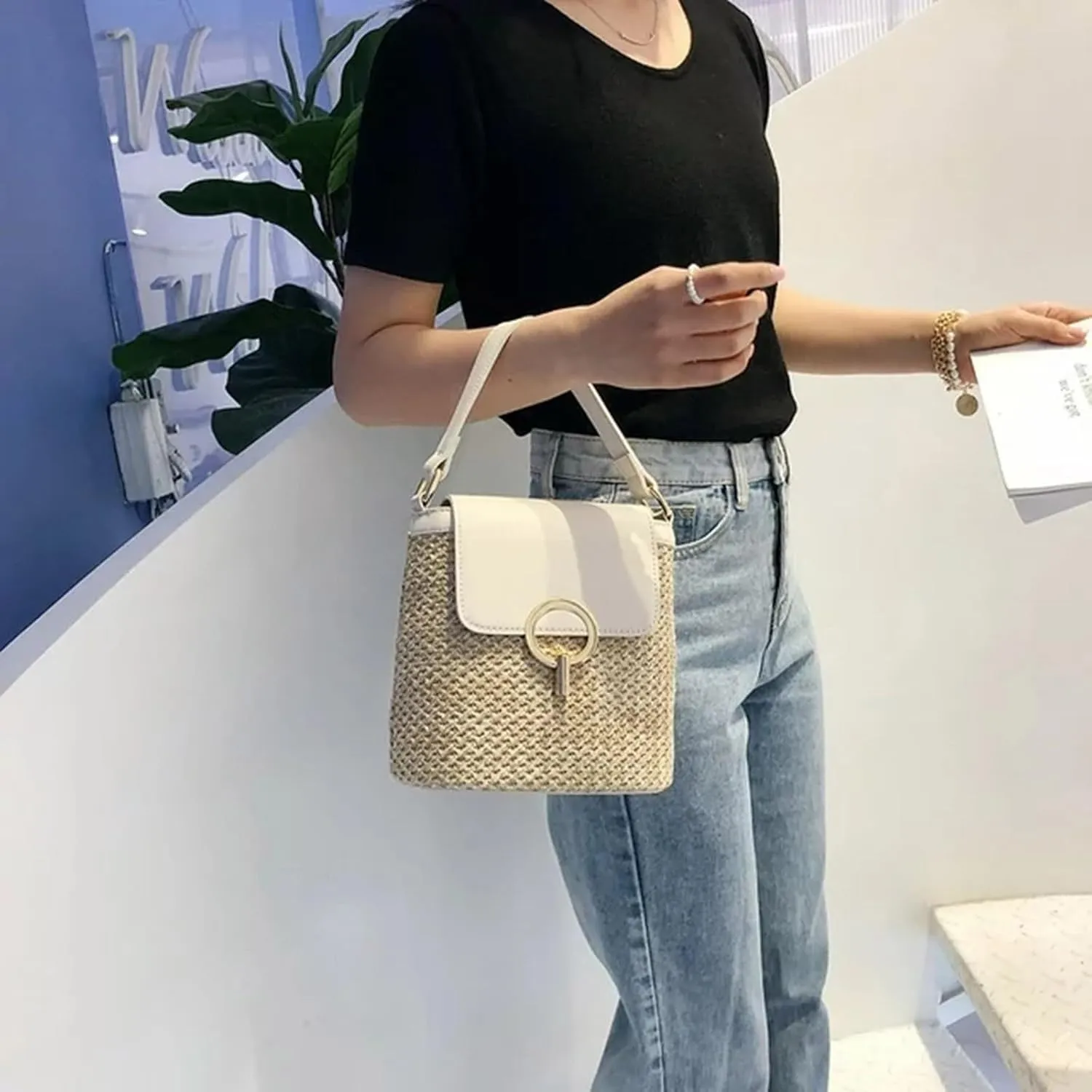 Straw Weave Women Ladies Bucket Handbags Summer Beach Shoulder Bags Messenger Bag Backpack Leather (B, One Size)