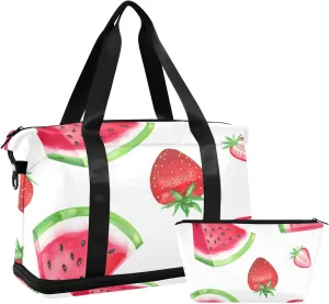 Strawberries and Watermelon Versatile Sports Travel Bag - Lasting Twill Tote, Removable Wheel & Rod Bagging, Multi-pocket Design, Complimentary Makeup Bag