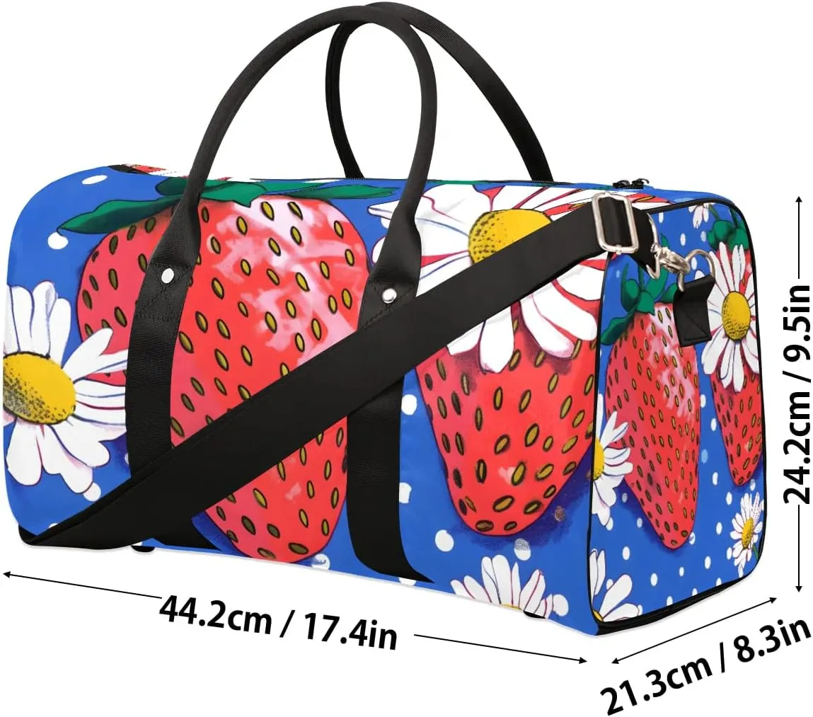 Strawberries Flowers Travel Duffel Bag for Women Men Waterproof Foldable Overnight Weekender Bag Large Capacity Sports Gym Bag