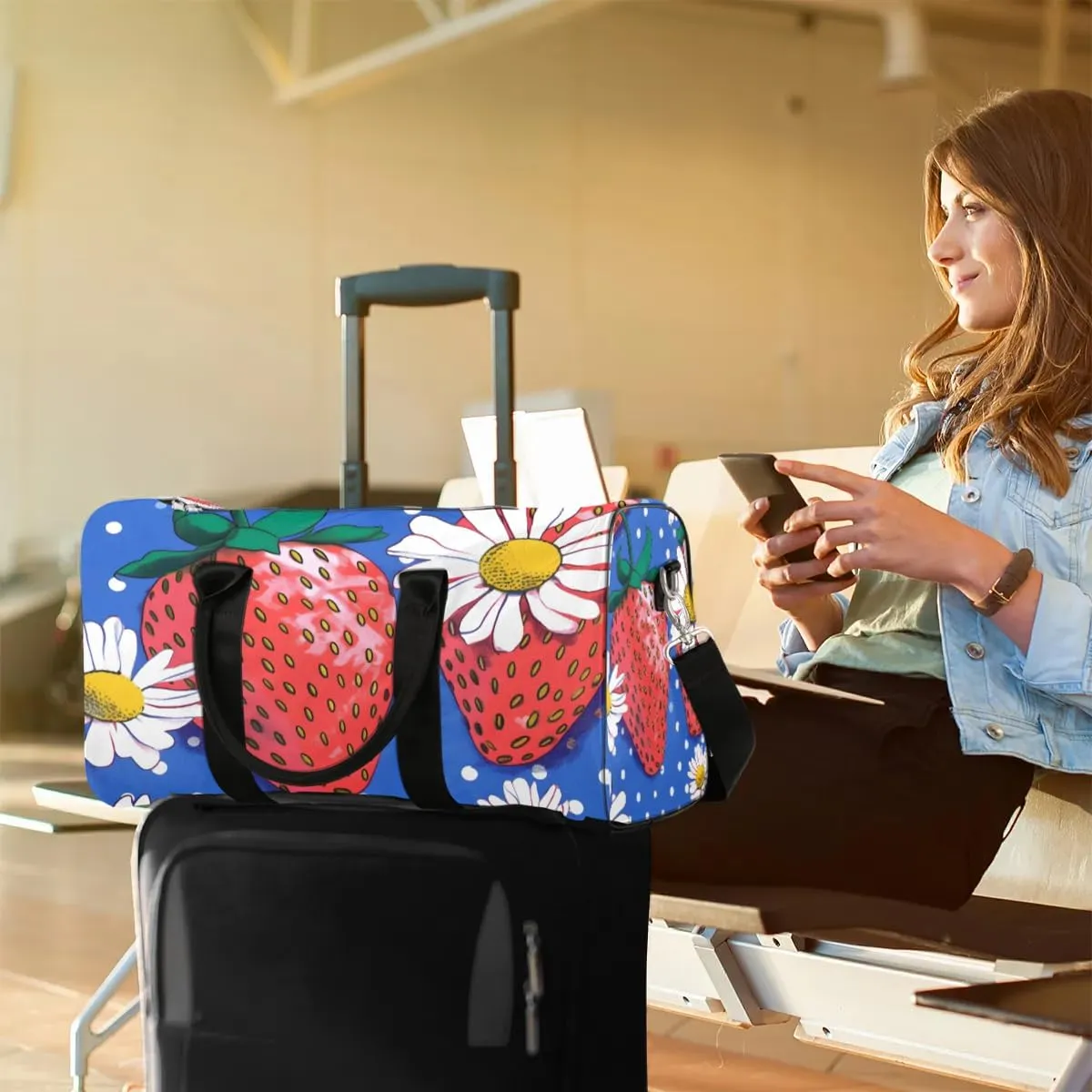 Strawberries Flowers Travel Duffel Bag for Women Men Waterproof Foldable Overnight Weekender Bag Large Capacity Sports Gym Bag