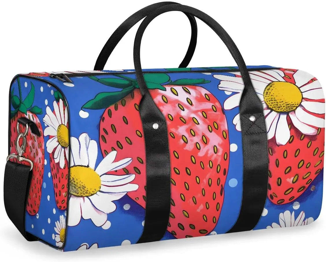 Strawberries Flowers Travel Duffel Bag for Women Men Waterproof Foldable Overnight Weekender Bag Large Capacity Sports Gym Bag