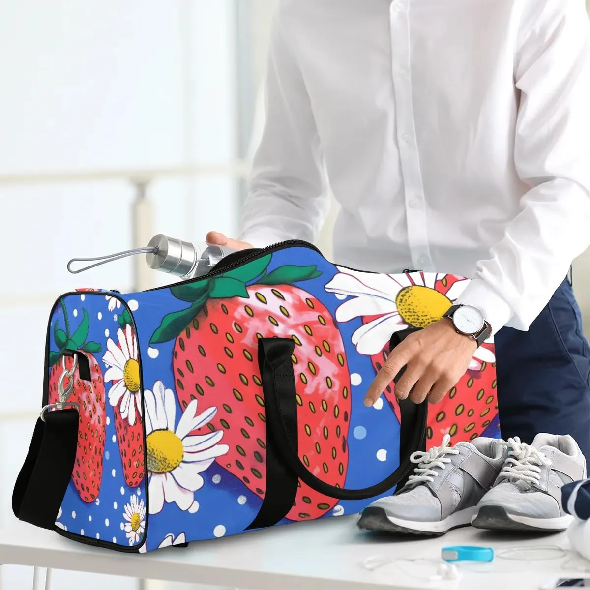 Strawberries Flowers Travel Duffel Bag for Women Men Waterproof Foldable Overnight Weekender Bag Large Capacity Sports Gym Bag