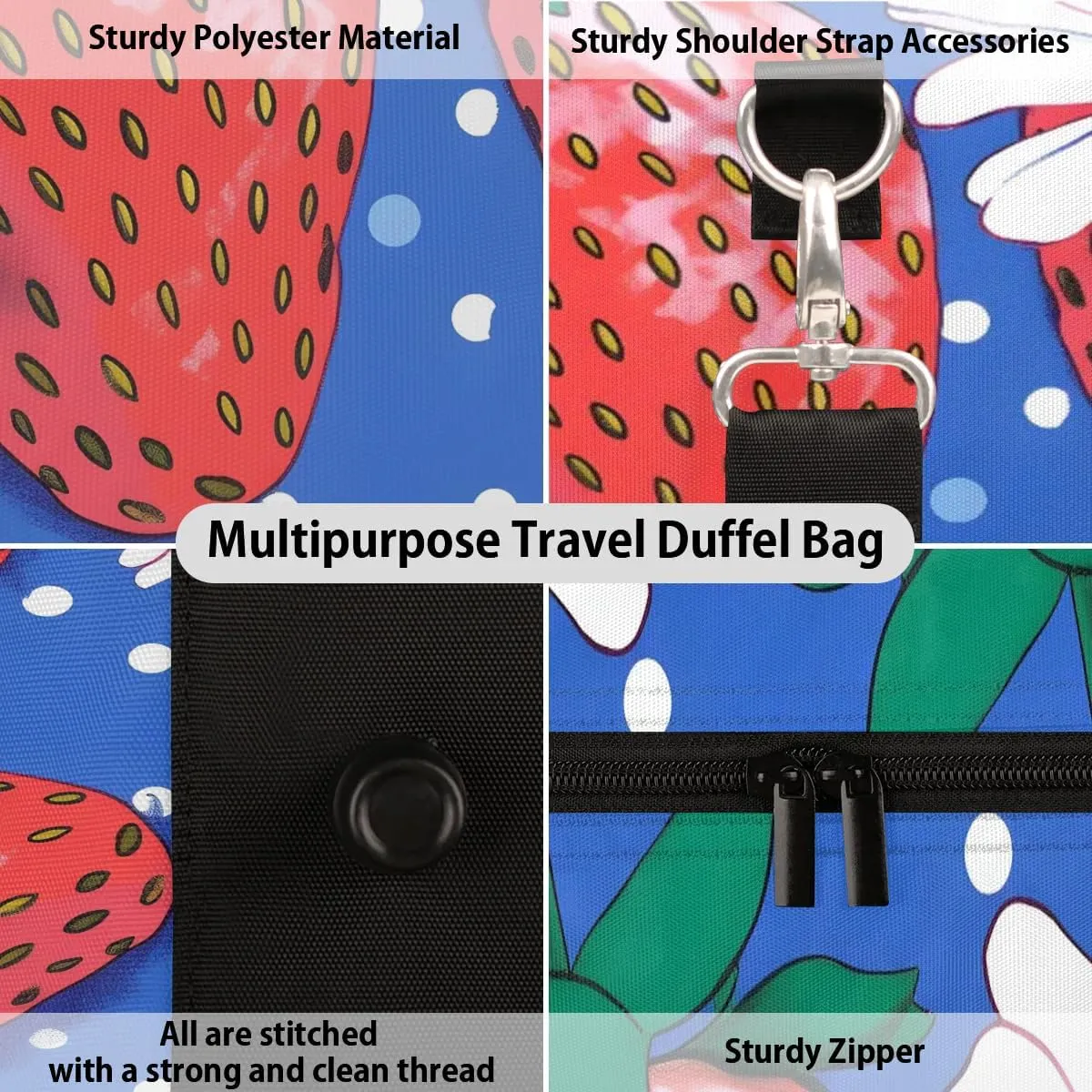Strawberries Flowers Travel Duffel Bag for Women Men Waterproof Foldable Overnight Weekender Bag Large Capacity Sports Gym Bag