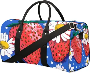 Strawberries Flowers Travel Duffel Bag for Women Men Waterproof Foldable Overnight Weekender Bag Large Capacity Sports Gym Bag