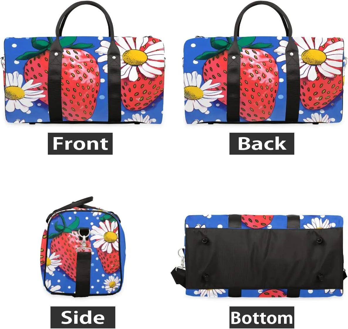Strawberries Flowers Travel Duffel Bag for Women Men Waterproof Foldable Overnight Weekender Bag Large Capacity Sports Gym Bag