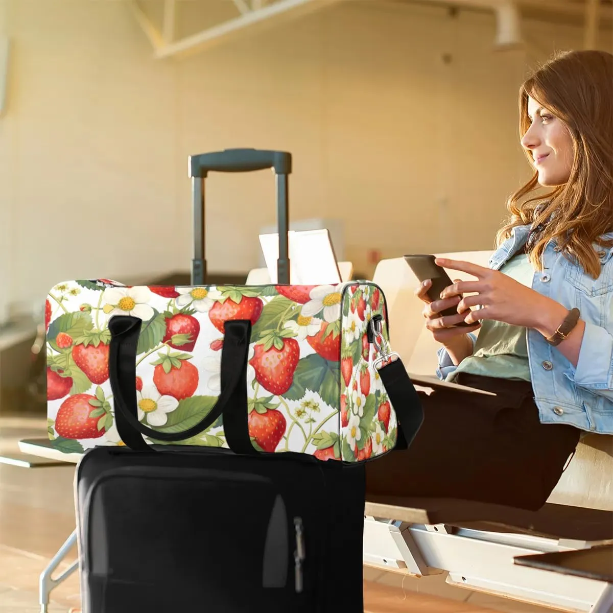 Strawberry Leaves Flower Travel Duffel Bag for Women Men Waterproof Foldable Overnight Weekender Bag Large Capacity Sports Gym Bag