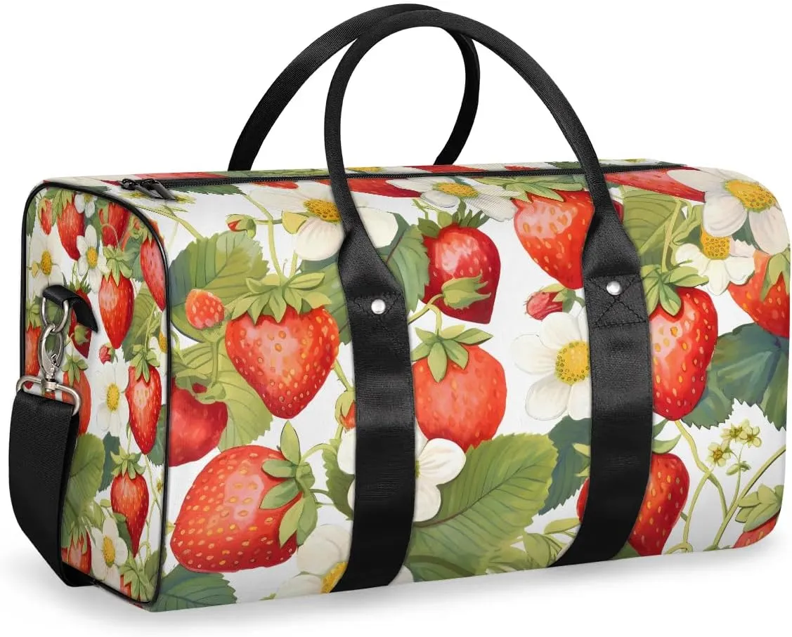 Strawberry Leaves Flower Travel Duffel Bag for Women Men Waterproof Foldable Overnight Weekender Bag Large Capacity Sports Gym Bag