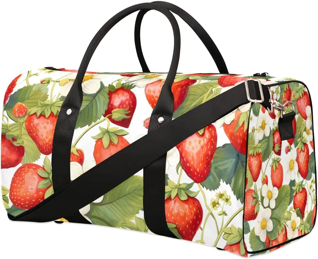 Strawberry Leaves Flower Travel Duffel Bag for Women Men Waterproof Foldable Overnight Weekender Bag Large Capacity Sports Gym Bag