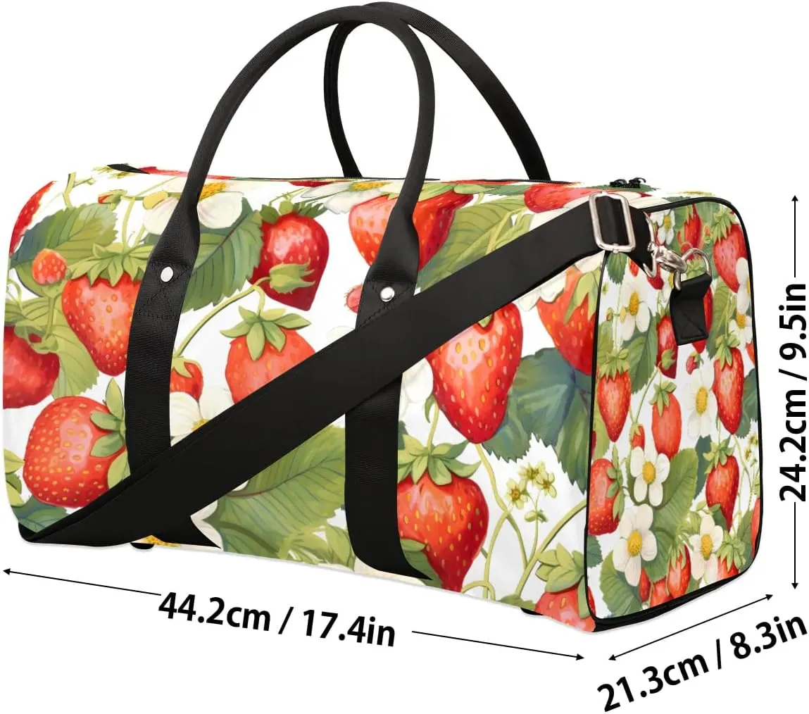 Strawberry Leaves Flower Travel Duffel Bag for Women Men Waterproof Foldable Overnight Weekender Bag Large Capacity Sports Gym Bag