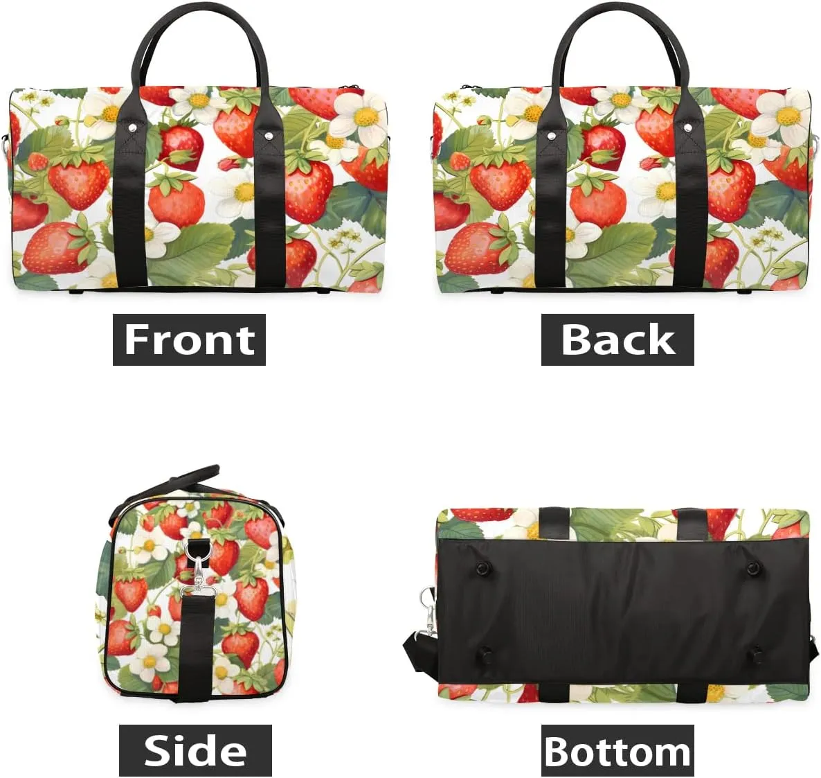 Strawberry Leaves Flower Travel Duffel Bag for Women Men Waterproof Foldable Overnight Weekender Bag Large Capacity Sports Gym Bag