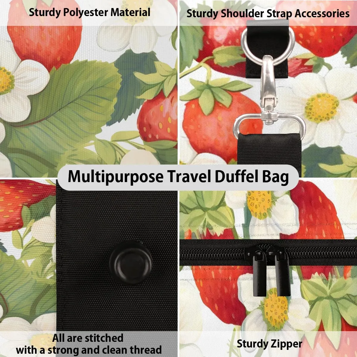 Strawberry Leaves Flower Travel Duffel Bag for Women Men Waterproof Foldable Overnight Weekender Bag Large Capacity Sports Gym Bag