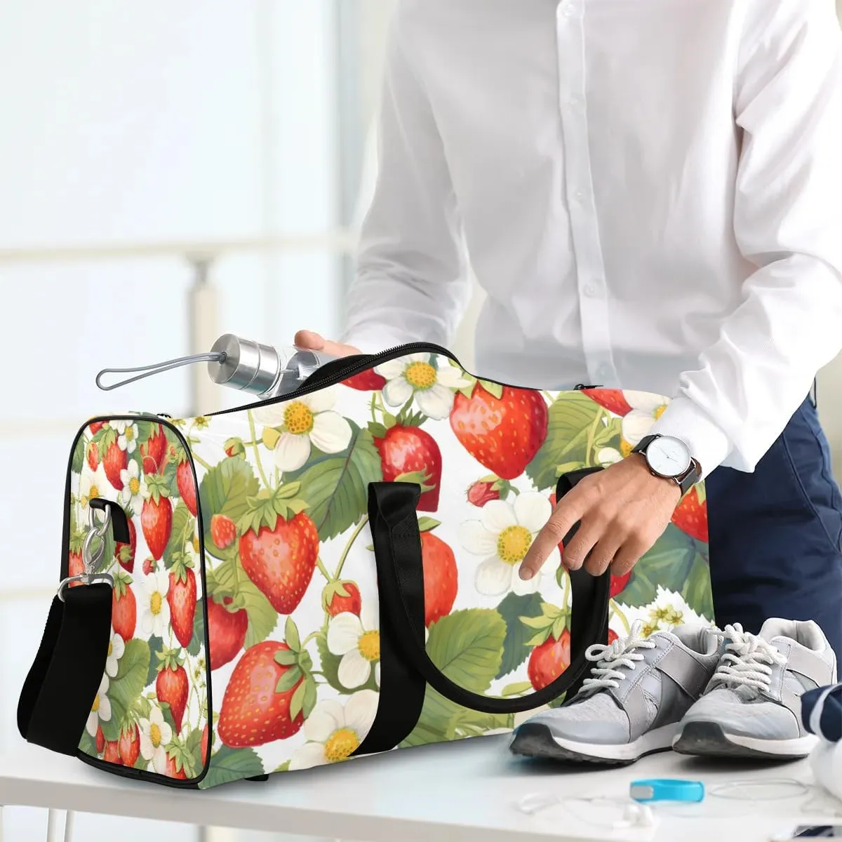 Strawberry Leaves Flower Travel Duffel Bag for Women Men Waterproof Foldable Overnight Weekender Bag Large Capacity Sports Gym Bag