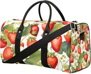 Strawberry Leaves Flower Travel Duffel Bag for Women Men Waterproof Foldable Overnight Weekender Bag Large Capacity Sports Gym Bag