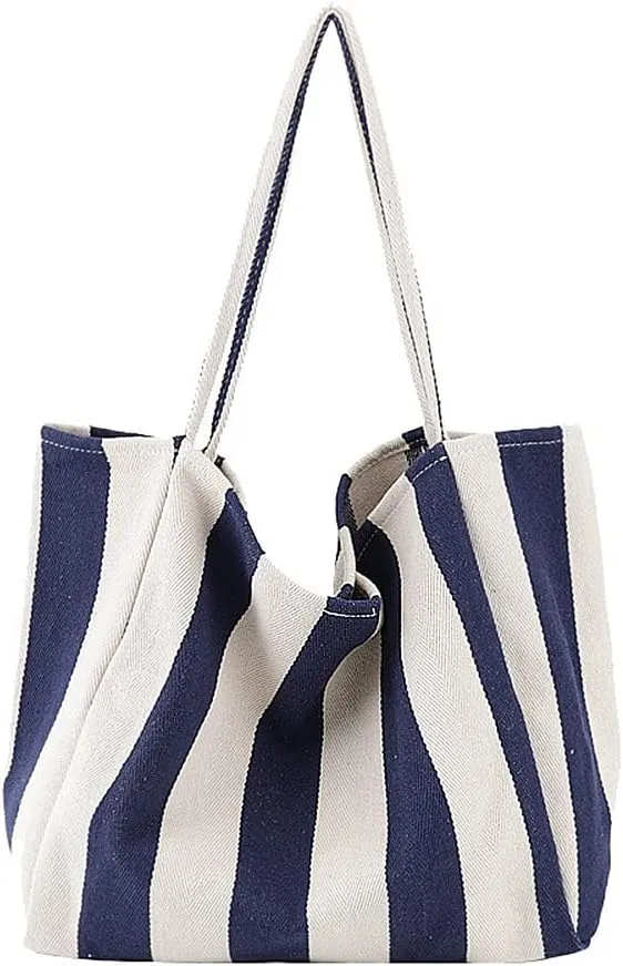 Striped Canvas Tote Handbag for Women Vertical Stripe Large Capacity Shoulder Bag for Shopping Travel