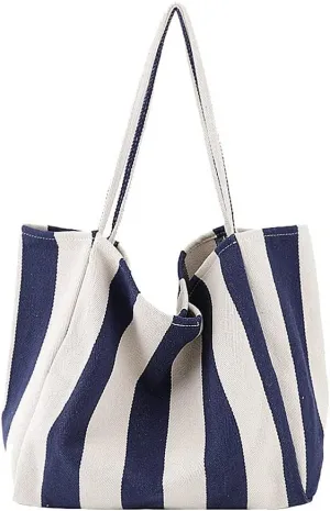 Striped Canvas Tote Handbag for Women Vertical Stripe Large Capacity Shoulder Bag for Shopping Travel