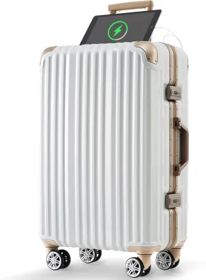 Stylish 24in Aluminum Frame Luggage with USB Port, Short Business Trips and Beach Holidays, Gloss White