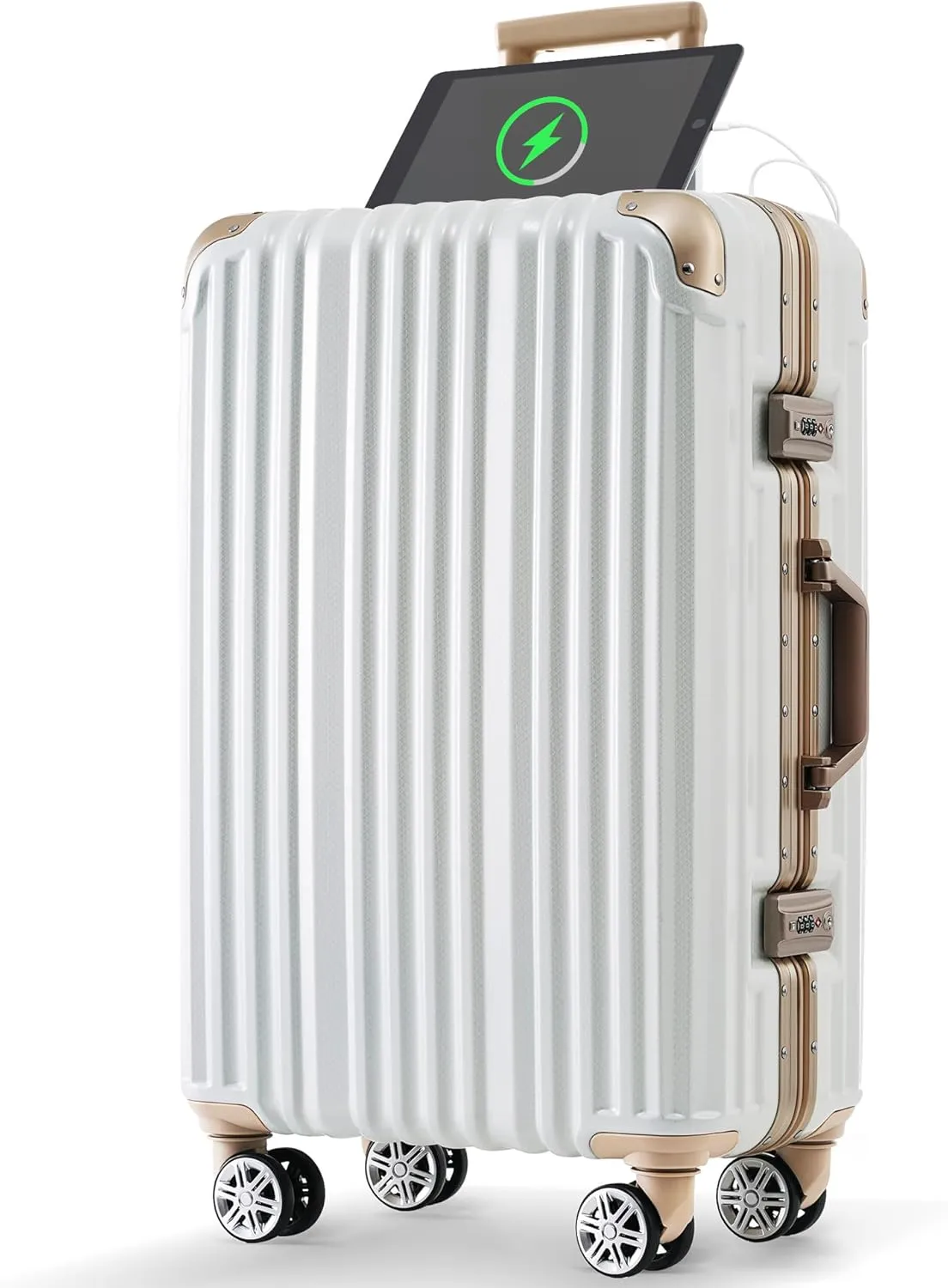 Stylish 24in Aluminum Frame Luggage with USB Port, Short Business Trips and Beach Holidays, Gloss White