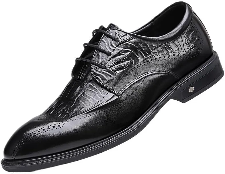 Stylish Handmade Men's Shoes, Genuine Calfskin Leather Brogue Dress Shoes, Classic Business Formal Shoes for Men, Crocodile Pattern Slip On Oxford