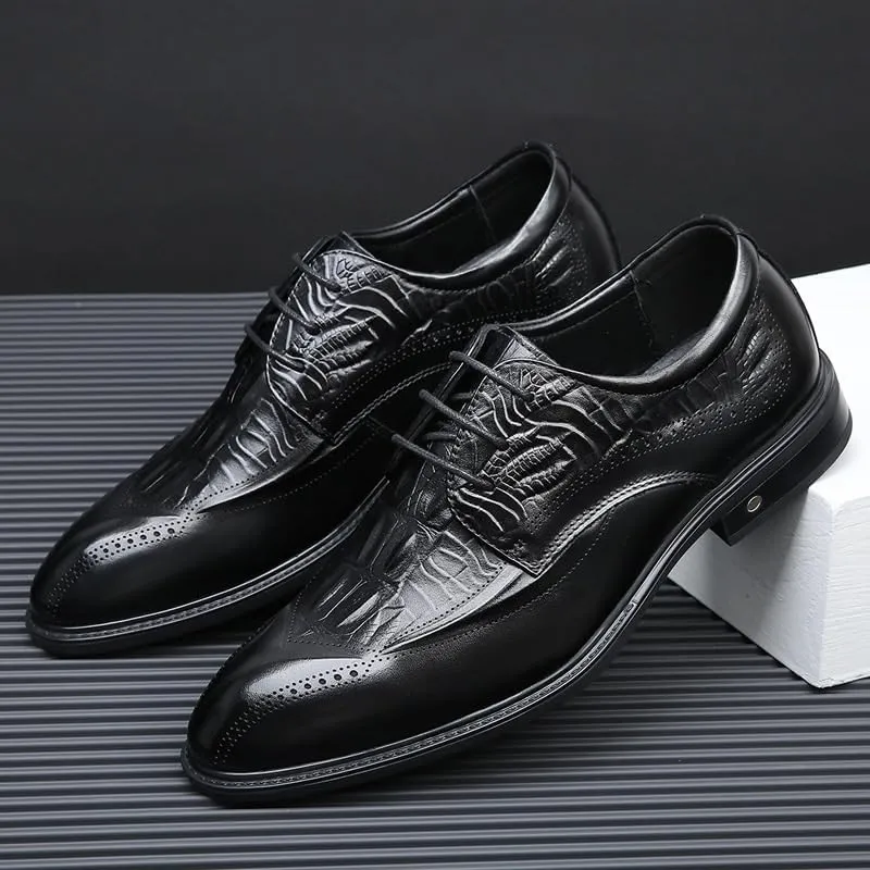 Stylish Handmade Men's Shoes, Genuine Calfskin Leather Brogue Dress Shoes, Classic Business Formal Shoes for Men, Crocodile Pattern Slip On Oxford