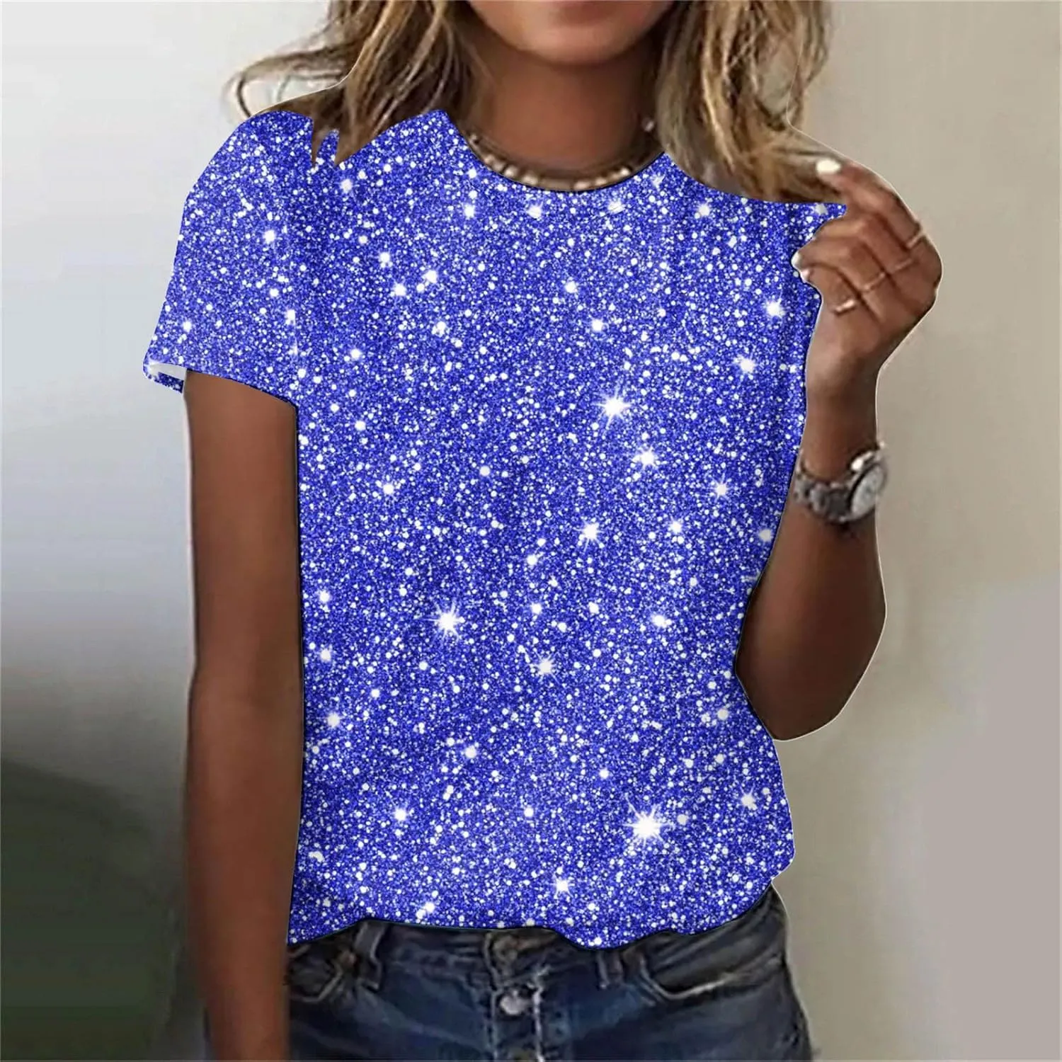 Summer Tshirts for Women Sequin Printed Tops Crew Neck Short Sleeve Sparkle Blouses Party Glitter Top Shimmer Tees