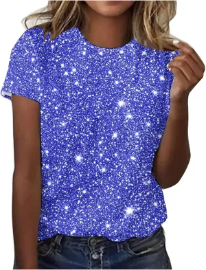 Summer Tshirts for Women Sequin Printed Tops Crew Neck Short Sleeve Sparkle Blouses Party Glitter Top Shimmer Tees
