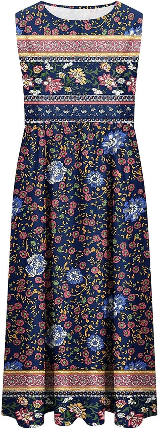 Summer Women Fashion Sundress Floral Printed Sleeveless Pleated Boho Dresses Casual Sexy Round Neck Beach Dress