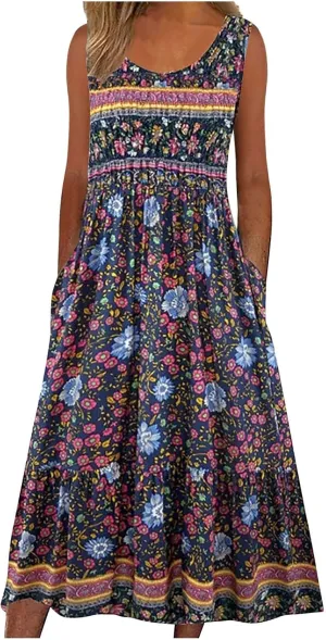Summer Women Fashion Sundress Floral Printed Sleeveless Pleated Boho Dresses Casual Sexy Round Neck Beach Dress