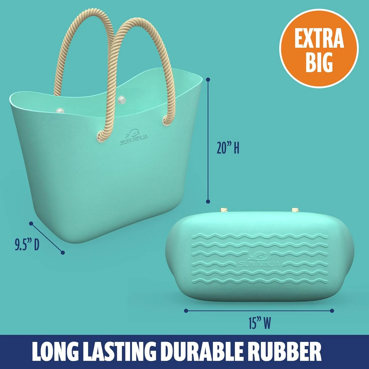 SUN NINJA Rubber Tote Bag - Extra Large Waterproof Sandproof and Washable EVA Plastic Bag for Boat Beach or Swim