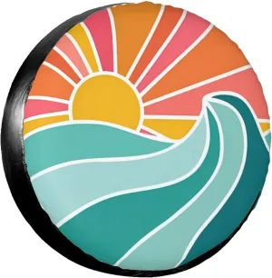 Sunburst Wave Spare Tire Cover Tropical Beach Wheel Tire Covers Waterproof Wheel Tire Protector Weatherproof Tyre Covers Universal for Trailer RV SUV Travel Truck Car Camping Vehicle 17 Inch
