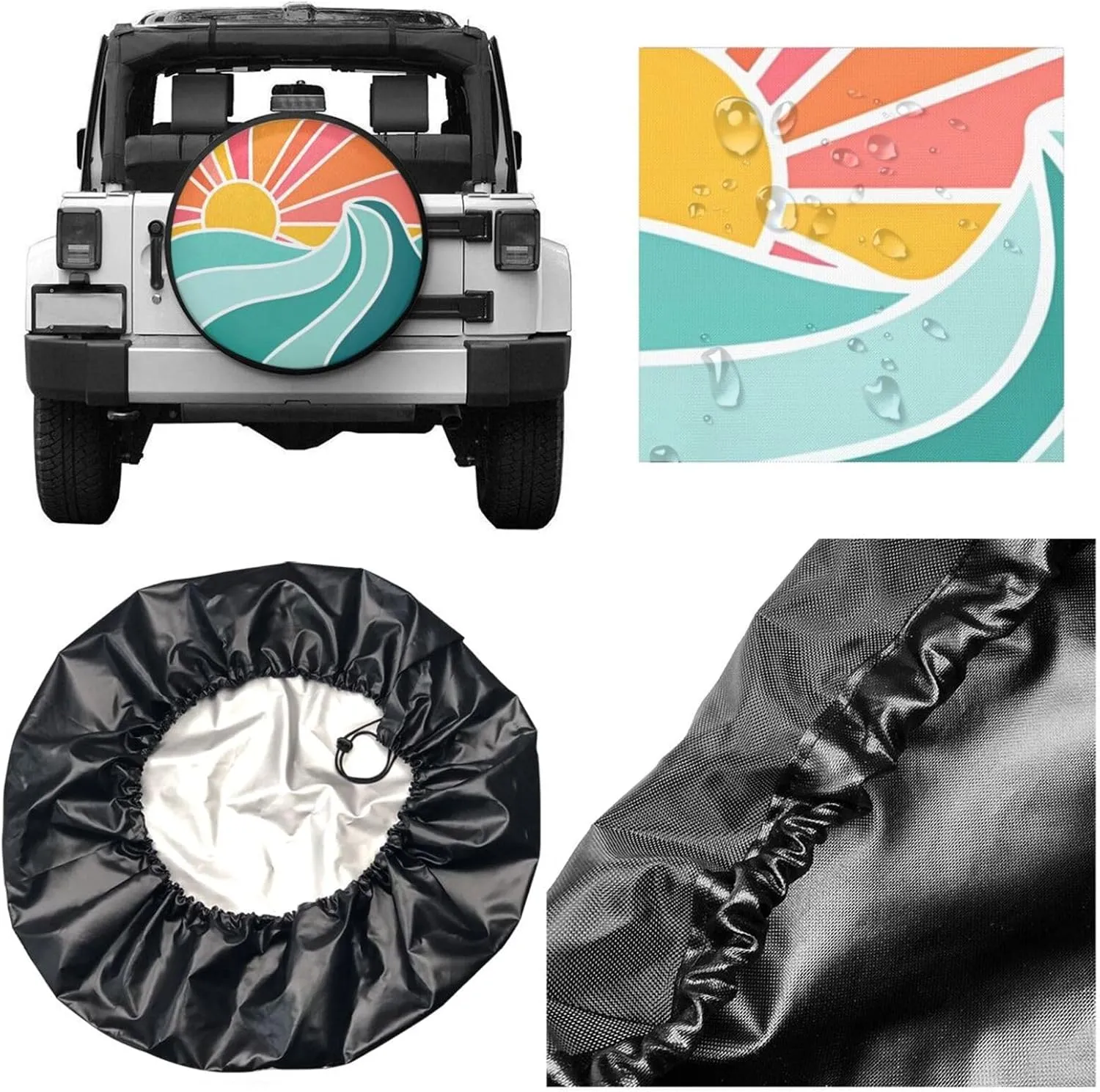 Sunburst Wave Spare Tire Cover Tropical Beach Wheel Tire Covers Waterproof Wheel Tire Protector Weatherproof Tyre Covers Universal for Trailer RV SUV Travel Truck Car Camping Vehicle 17 Inch