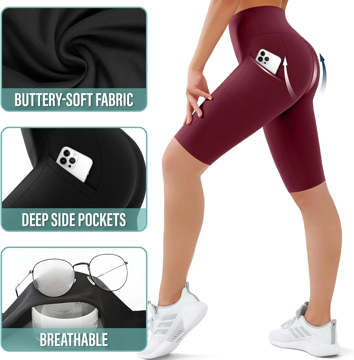 SUNCLOVE 3 Pack Biker Shorts for Women Tummy Control Workout Yoga Gym Running Shorts with Pockets