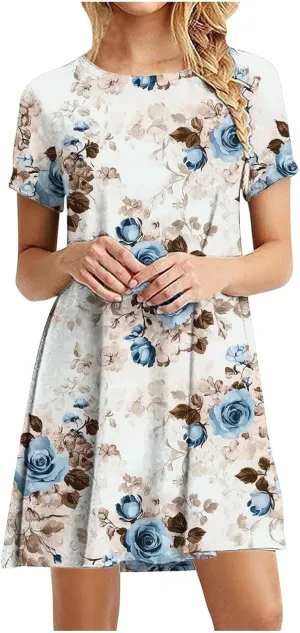 Sundresses for Women 2025 Summer Crewneck Short Sleeve Midi Dresses Casual Vacation Vintage Printed Boho Dresses