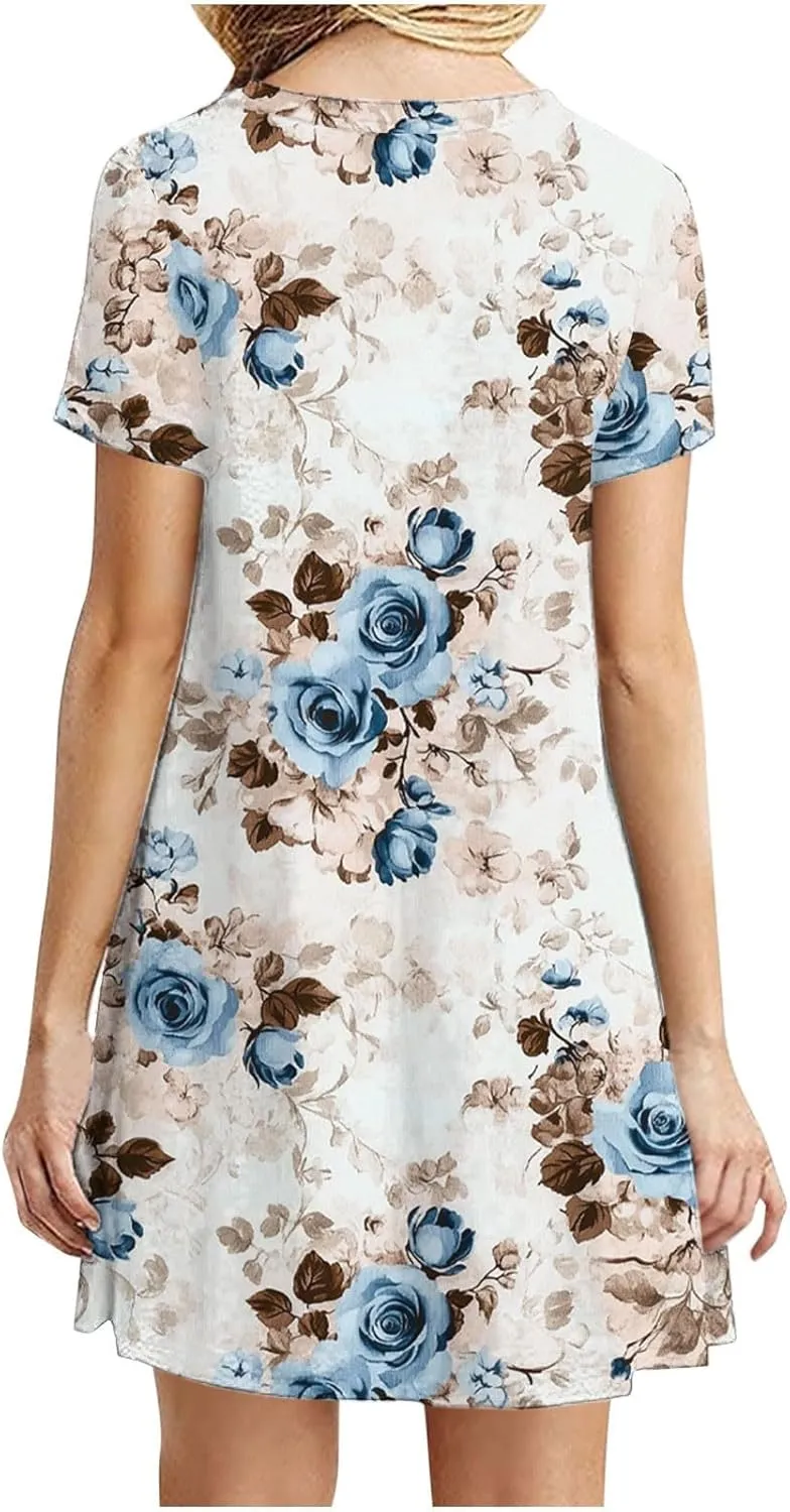 Sundresses for Women 2025 Summer Crewneck Short Sleeve Midi Dresses Casual Vacation Vintage Printed Boho Dresses