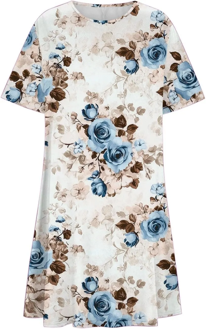 Sundresses for Women 2025 Summer Crewneck Short Sleeve Midi Dresses Casual Vacation Vintage Printed Boho Dresses