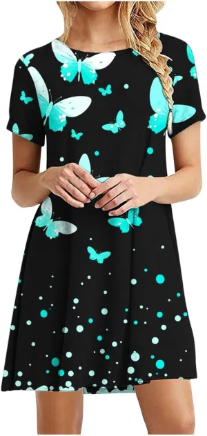 Sundresses for Women 2025 Summer Crewneck Short Sleeve Midi Dresses Casual Vacation Vintage Printed Boho Dresses
