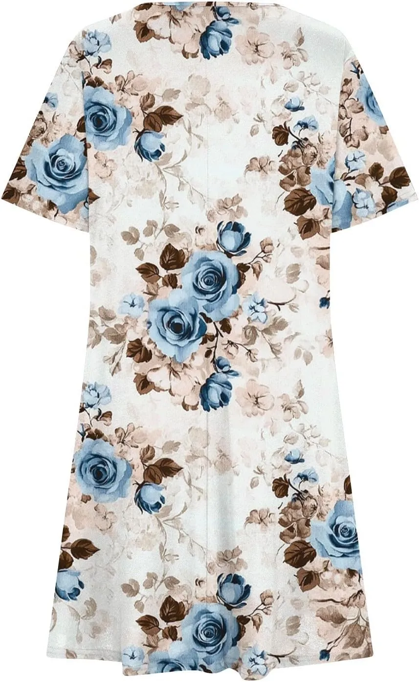 Sundresses for Women 2025 Summer Crewneck Short Sleeve Midi Dresses Casual Vacation Vintage Printed Boho Dresses
