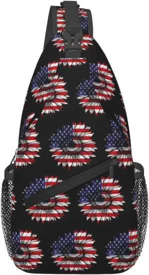 Sunflower American Flag Patriotic Crossbody Sling Bag Chest Bags Casual Shoulder Backpack Sport Fanny Pack Gym Diagonally Daypack with Adjustable Strap for Running