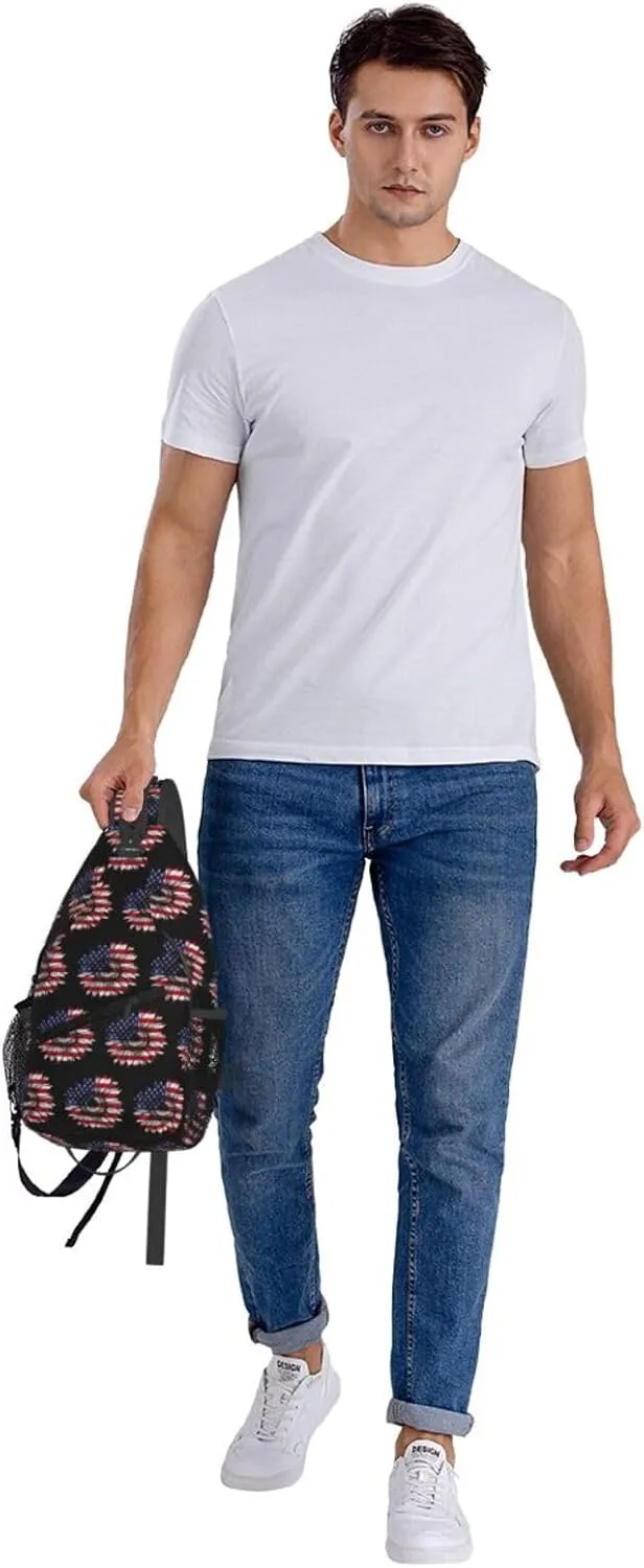 Sunflower American Flag Patriotic Crossbody Sling Bag Chest Bags Casual Shoulder Backpack Sport Fanny Pack Gym Diagonally Daypack with Adjustable Strap for Running
